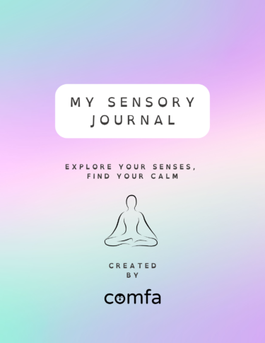 Cover image for a digital sensory journal, multicoloured with a figure cross legged on the front